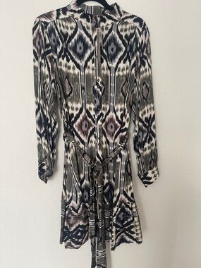 Anthropologie Ikat-Print Long Sleeve Shirt Dress in Black, Olive & Cream